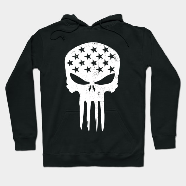 White Distressed USA Military American Flag Skull Patriotic Street Wear Hoodie by DazzlingApparel